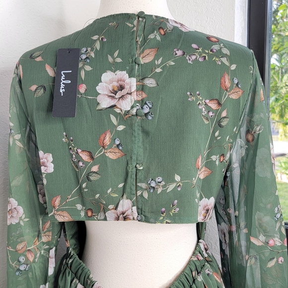 LULUS Endless Charisma Green Floral Chiffon Long Sleeve Mini Dress NWT L. - Picture 8 of 11